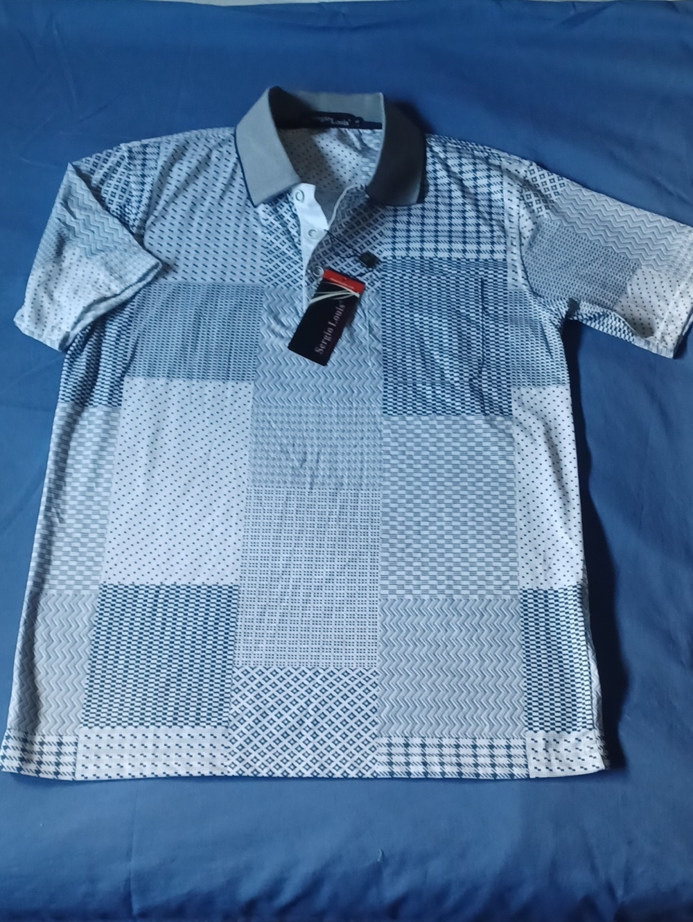 Men's White and Navy Patchwork Design Polo Shirt Size Small
